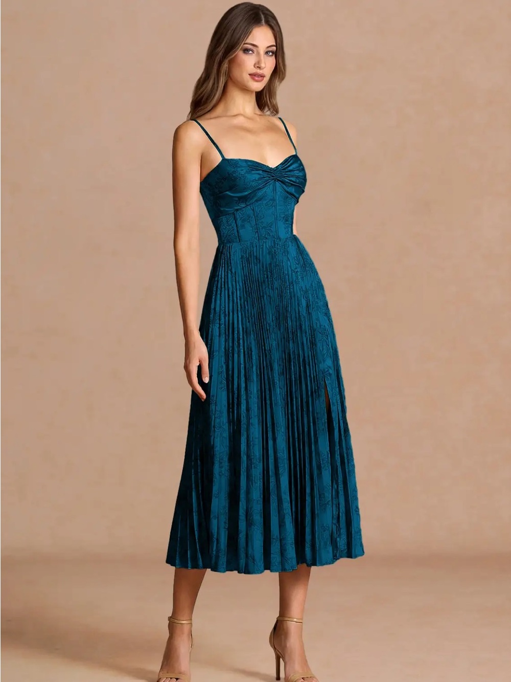 Azazie Teal Pleated Midi Dress with Side Slit - Picture 4 of 5